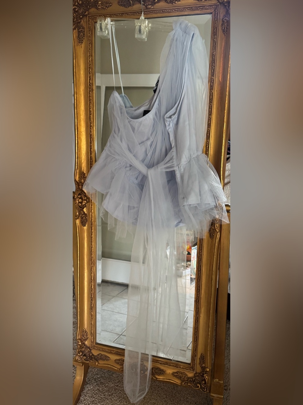 Light Blue Women's Tulle Off the Shoulder Top